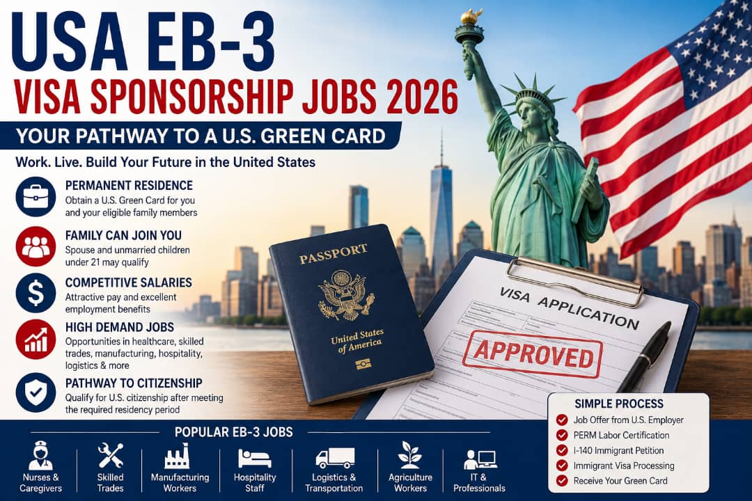 USA EB-3 Visa Sponsorship Jobs 2026: Complete Guide to Eligibility, Requirements, Salary, Application Process, and Permanent Residency